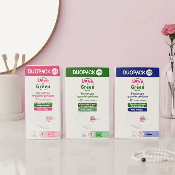 Love and Green Serviettes Hygiéniques Hypoallergéniques DUOPACK Love and Green