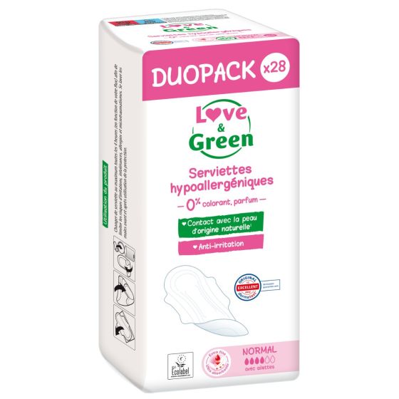 Love and Green Serviettes Hygiéniques Hypoallergéniques DUOPACK Love and Green