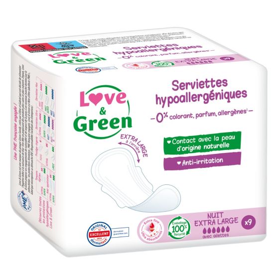 Love and Green Extra Large Night Hypoallergenic Sanitary Napkins x9 Love and Green