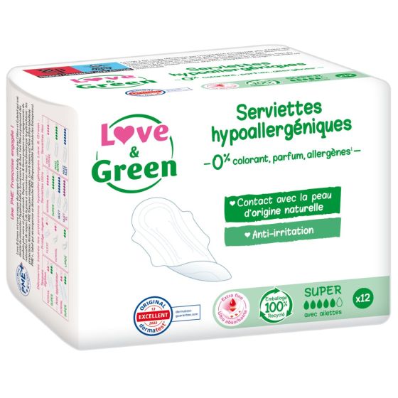 Love and Green Serviettes Hygiéniques Super Hypoallergéniques x12 Love and Green