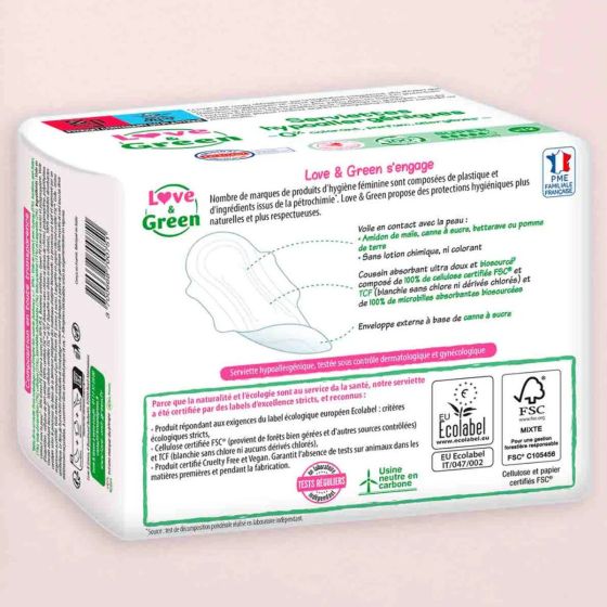 Love and Green Serviettes Hygiéniques Super Hypoallergéniques x12 Love and Green