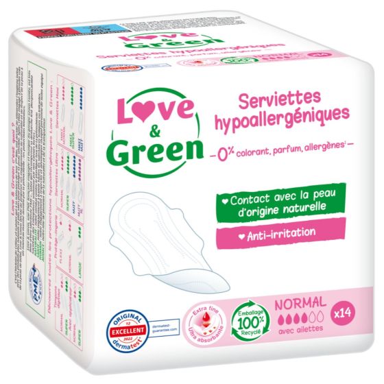 Love and Green Serviettes hygiéniques Normal Hypoallergéniques x14 Love and Green