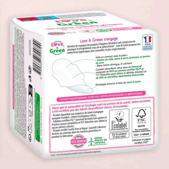 Love and Green Serviettes hygiéniques Normal Hypoallergéniques x14 Love and Green