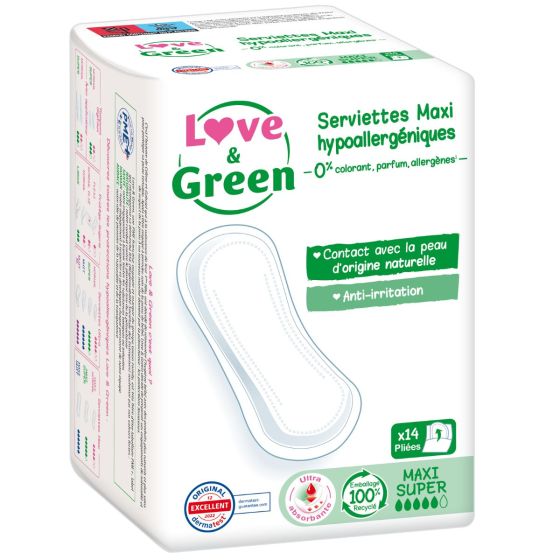Love and Green Serviettes hygiéniques Hypoallergéniques Maxi Super x14 Love and Green