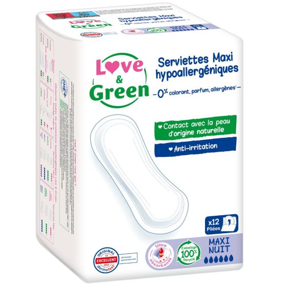 Love and Green Serviettes Hygiéniques Maxi Nuit Hypoallergéniques x12 Love and Green