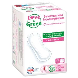 Love and Green Serviettes hygiéniques Hypoallergéniques MAXI NORMAL - Flux Modérés x16 Love and Green