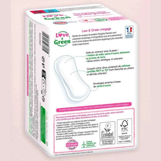 Love and Green Serviettes hygiéniques Hypoallergéniques Maxi Normal x16 Love and Green