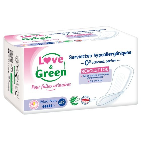 Love & Green Serviettes Écologiques pour Fuites Urinaires MAXI NUIT x12 Love and Green