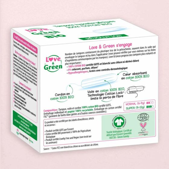 Love & Green BIO Tampons digitaux « Super » Hypoallergéniques X 16 Love and Green