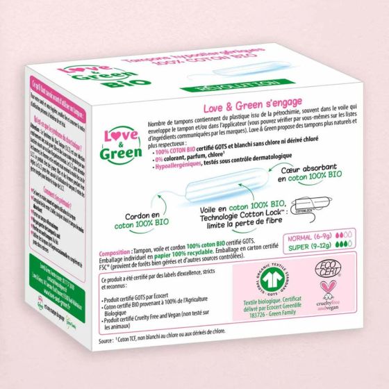 Love & Green BIO Tampons digitaux « Normal » Hypoallergéniques X 16 Love and Green