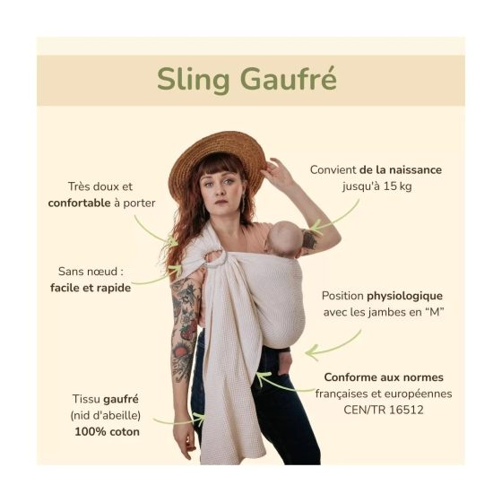 Naturioù Ring Sling Gaufré Vert - écharpe de portage sans noeud