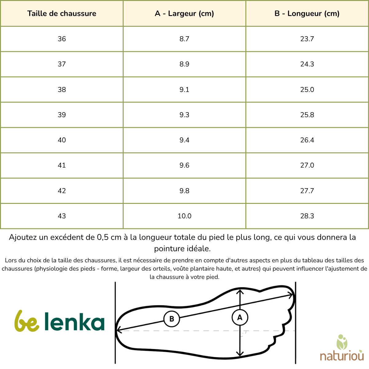 Be lenka Bellissima Chaussures minimalistes tableau des tailles