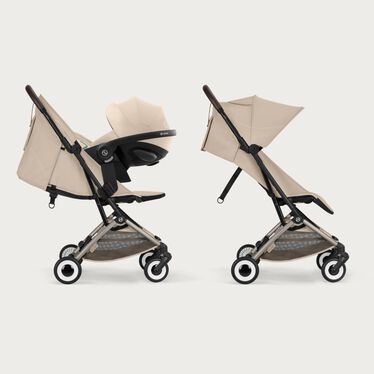 Travel system avec une coque auto Cybex sur la poussette Orfeo de Cybex
