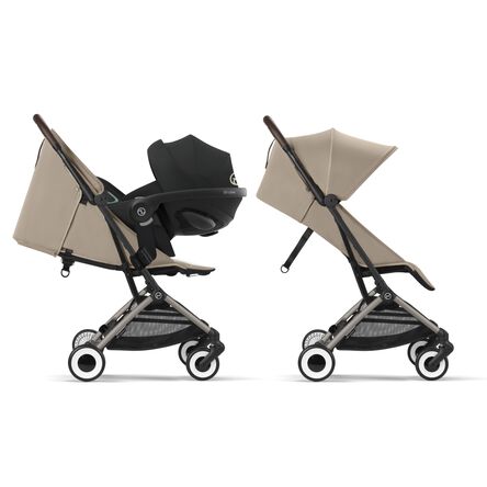 Travel system avec une coque auto Cybex sur la poussette Orfeo de Cybex