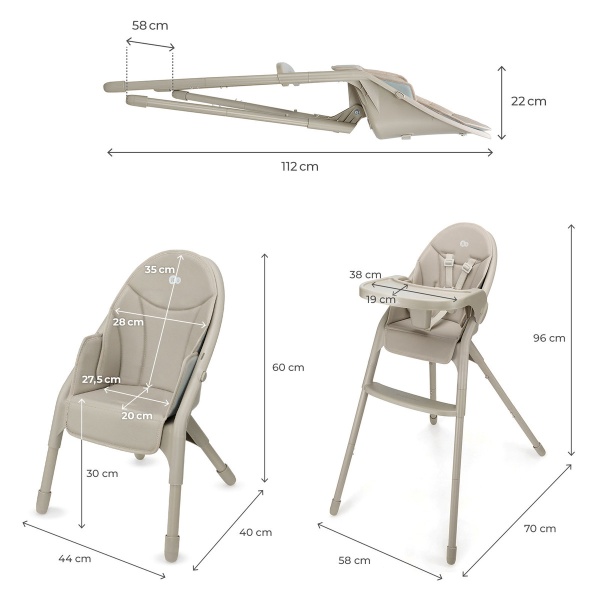 Kinderkraft DINNLY - Chaise haute pliable et évolutive dimentions