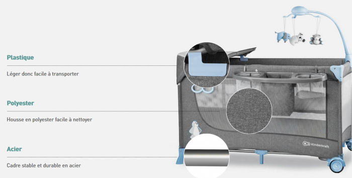 Lit d'enfant de voyage JOY - KINDERKRAFT - Bleu et gris - Pliable et facile  à transporter - Avec accessoires