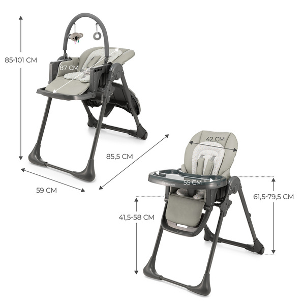 Kinderkraft TUMMIE Chaise haute pliable + transat 2en1 dimentions