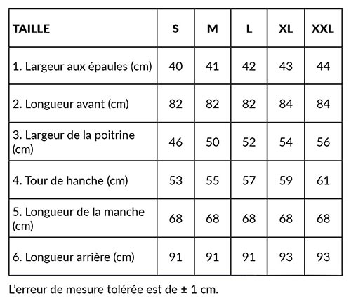 Les mensurations de la veste de portage Lennylamb