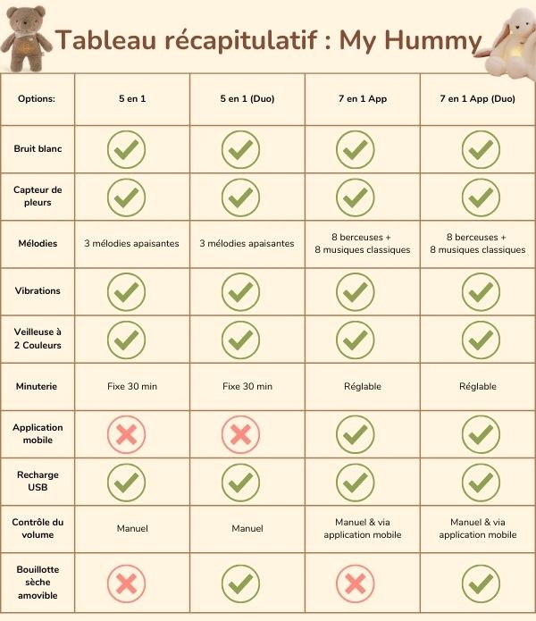 Tableau récapitulatif  My Hummy