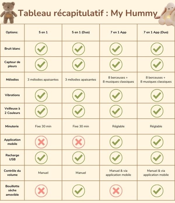 Tableau récapitulatif  My Hummy