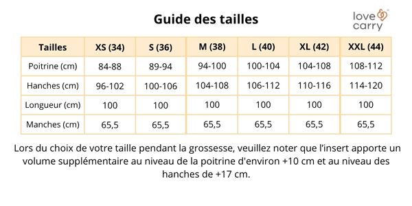 Guide des tailles Manteau 3en1 Love&Carry